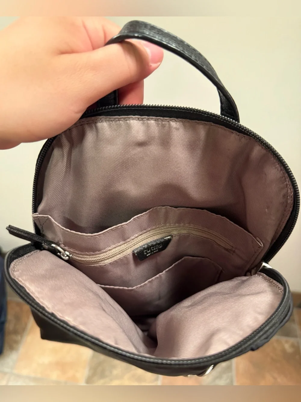 Tutilo Black Women's Mini Backpack with Front Zip Accent